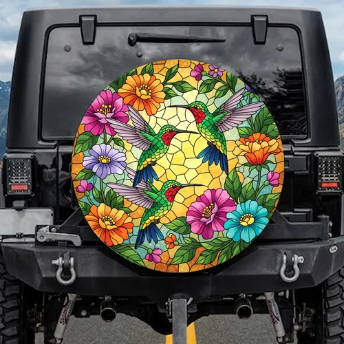 Stained Glass Hummingbirds Rich Flowers Lush Leaves Mosaic - Wildlife Lover Home Decor Gift Spare Tire Cover