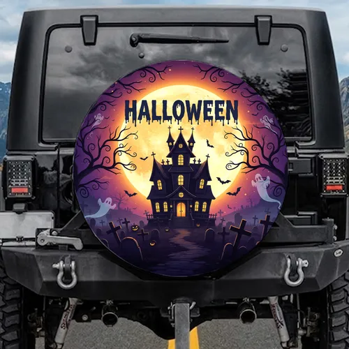 Halloween Dripping Text Haunted Mansion Full Moon - Spooky Night Decor Spare Tire Cover
