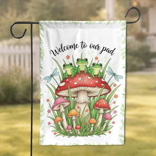 Bright Green Frogs Fly Agaric Mushroom Welcome Pad - Home Decor Gift for Frog Lover Garden Flag