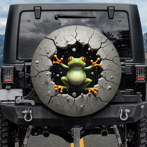 Large-Eyed Green Tree Frog Breaking Concrete Wall - Outdoor Car Accessory Spare Tire Cover