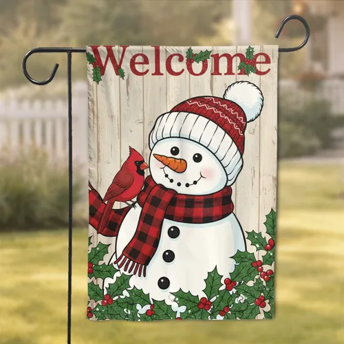Welcome Snowman Cardinal Holly Berries - Winter Home Decor Garden Flag
