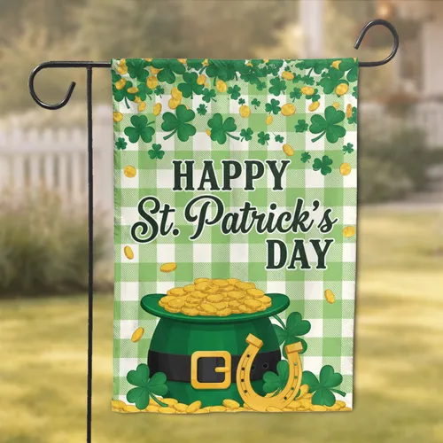 Happy St. Patrick's Day Shamrocks Gold Coins Leprechaun Pot Holiday Celebration Garden Flag