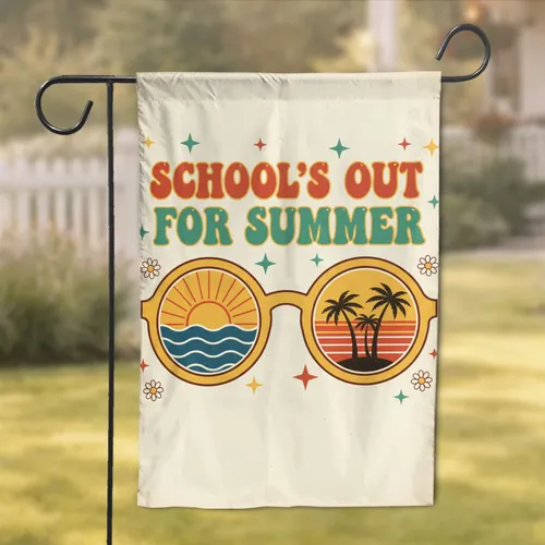School's Out For Summer Sunglasses Palm Tree Sunset - Summer Break Gift Garden Flag