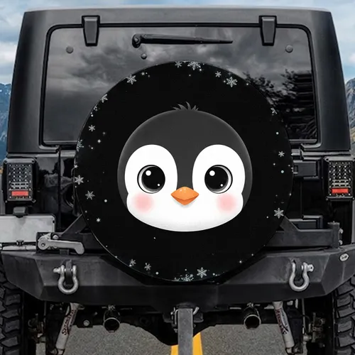 Cartoon Penguin Face Massive Eyes Snowflakes - Ice Crystals Arctic Wildlife Lover Gift Spare Tire Cover