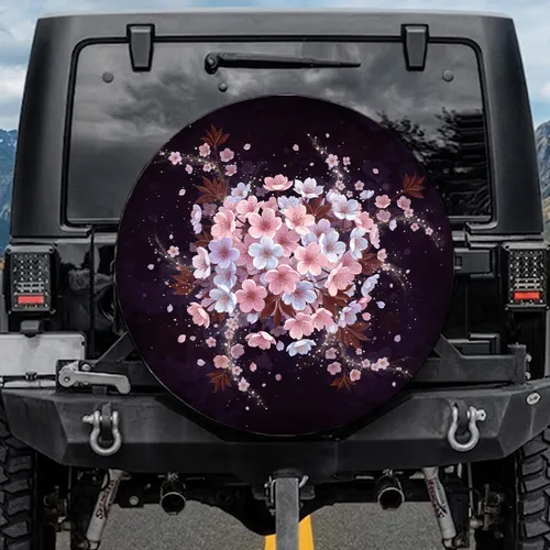 Night Bloom Sakura Floral Dark Leaves Luminous Gold Sparkle - Road Trip Accessory Spare Tire Cover