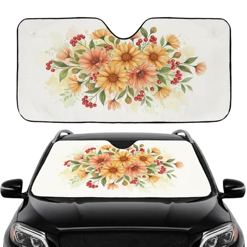 Autumn Floral Daisy Blossoms Red Berries Green Leaves - Car Interior Upgrade Car Sunshade