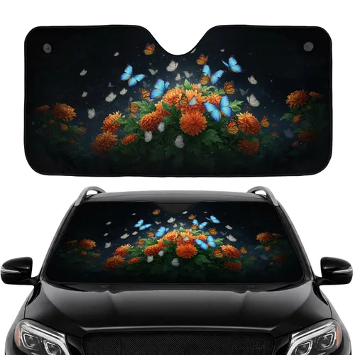 Butterflies Orange Chrysanthemums Foliage - Car Interior Upgrade Road Trip Car Sunshade