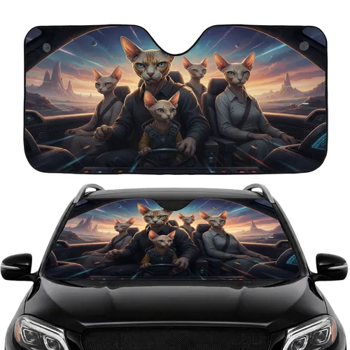 Anthropomorphic Hairless Cats Cosmic Road Trip - Travel Essentials Car Sunshade