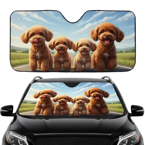 Joyful Poodle Dogs Open Road Landscape - Car Interior Upgrade Car Sunshade