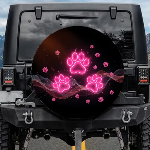 Vivid Neon Pink Glowing Pet Paw Prints Dynamic Orange Light Black - Car Pet Lover Gift Spare Tire Cover