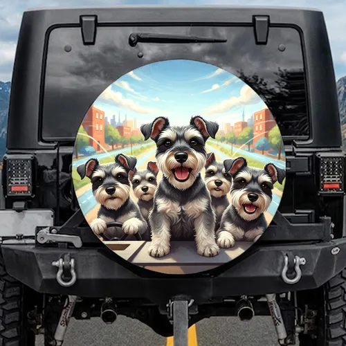 Five Miniature Schnauzers Journey Landscape - Dog Lover Travel Gift Spare Tire Cover