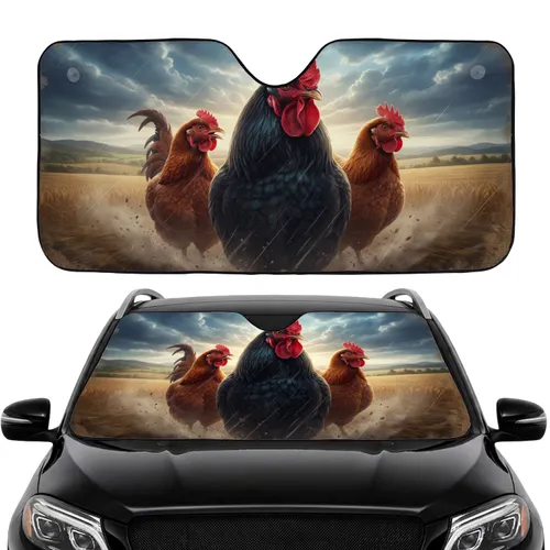 Black Rooster Hens Rolling Hills - Road Trip Gift for Farm Animal Lovers Car Sunshade