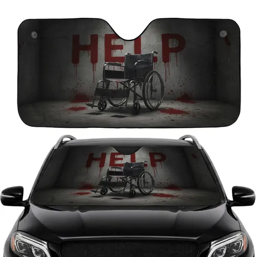Menacing Black Wheelchair HELP Blood Splatter - Car Interior Upgrade Car Sunshade