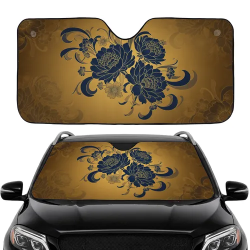 Navy Gold Botanical Floral Petal Leaf Swirls Outlines - Car Interior Upgrade Car Sunshade