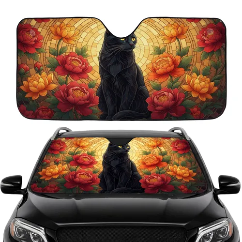 Black Cat Peony Lotus Stained Glass - Car Interior Upgrade for Cat Lovers Car Sunshade