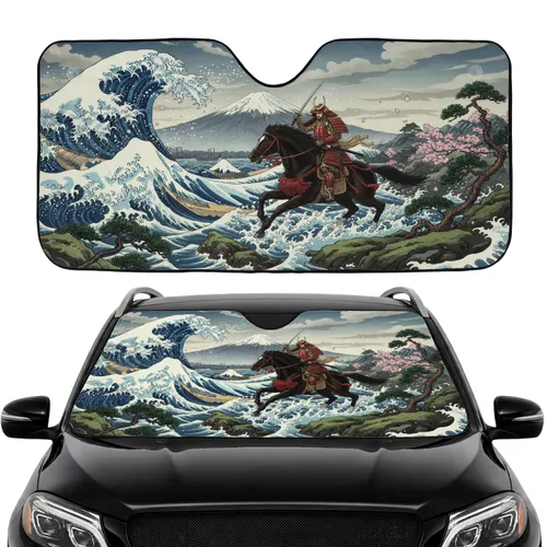 Samurai Warrior Great Wave Mount Fuji Japanese Landscape - Car Interior Upgrade Car Sunshade