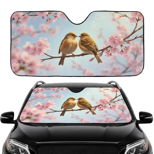 Lifelike Songbirds Delicate Cherry Blossom Branch - Road Trip Essentials Car Sunshade
