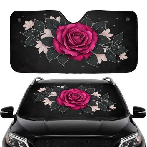 Large Magenta Rose Charcoal Leaves Blush Pink Floral - Car Interior Upgrade Car Sunshade