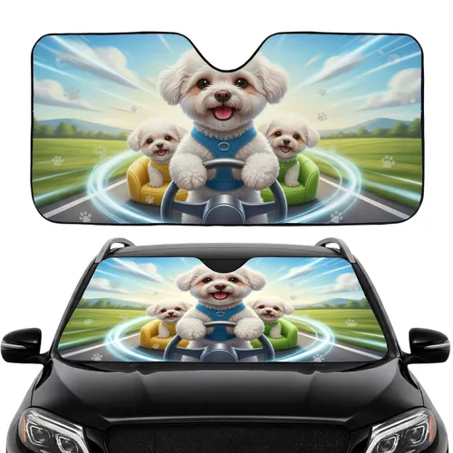 Happy Fluffy Bichon Frise Dogs Driving Car Scenic Landscape Travel Accessory Car Sunshade