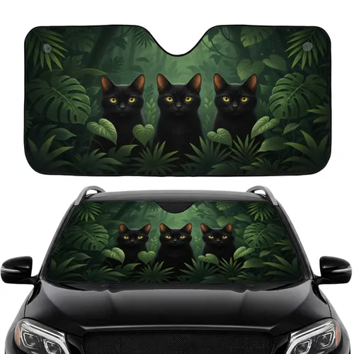 Black Cats Yellow Eyes Tropical Jungle Monstera - Car Interior Upgrade for Cat Lover Car Sunshade