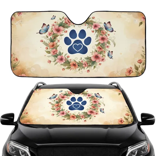 Dark Blue Paw Print Heart Floral Wreath Butterflies - Car Interior Upgrade Car Sunshade