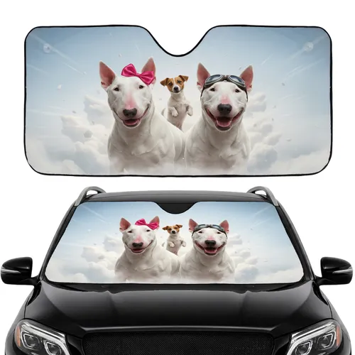 Trio White Dogs with Aviator Goggles Pink Bow Sky - Road Trip Gift & Car Interior Upgrade Car Sunshade