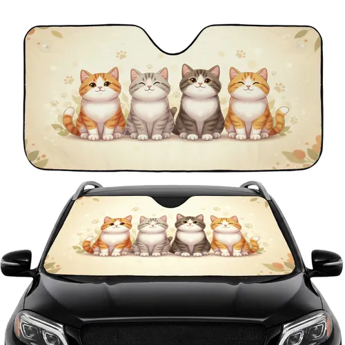 Four Tabby Bicolor Cats Row Paw Prints Floral - Road Trip Gift for Cat Lover Car Sunshade