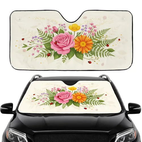 Rose Buttercup Daisy Ladybug Green Leaves Ferns Garden - Car Interior Upgrade Car Sunshade