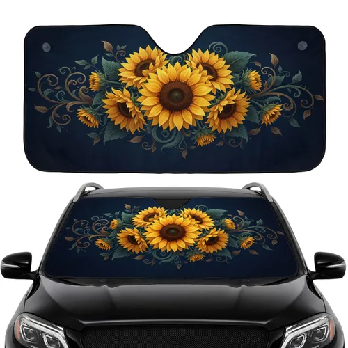 Golden Yellow Sunflowers Teal Vines Bronze Gold Leaves Navy Background - Car Interior Upgrade Car Sunshade