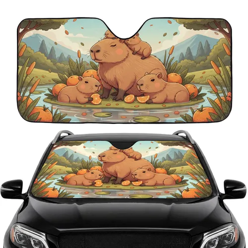 Cute Capybaras Oranges Foliage Stream - Road Trip Gift for Capybara Lover Car Sunshade