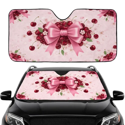 Elegant Pink Satin Bow Red Cherries Cherry Blossom Fantasy Flowers - Car Interior Upgrade Car Sunshade