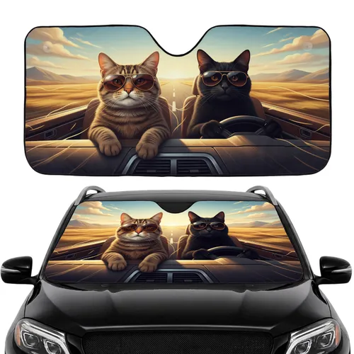Cats in Sunglasses Driving Road Trip Gift for Cat Lover Car Sunshade