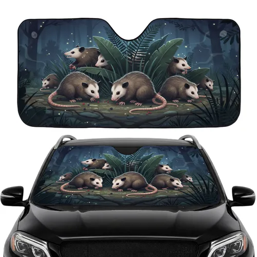 Foraging Opossums Nocturnal Forest Fireflies Glowing Night - Road Trip Gift Car Sunshade