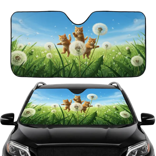 Ginger Cats Fluffy Dandelions Meadow Blue Sky - Car Interior Upgrade for Cat Lovers Car Sunshade