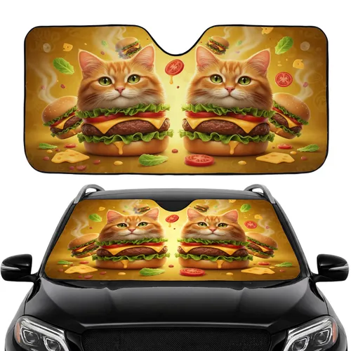 Ginger Cat Burger Feast with Ingredients - Car Interior Upgrade Road Trip Gift Car Sunshade