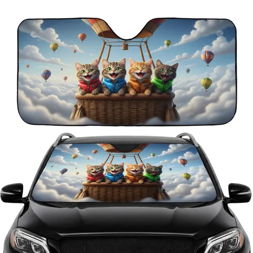 Cute Cats in Vests Wicker Basket Hot Air Balloon Car Interior Upgrade Car Sunshade