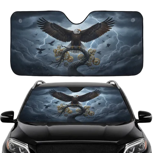 Majestic Bald Eagle Clockwork Gears Gnarled Branch Lightning Storm - Car Interior Upgrade Car Sunshade