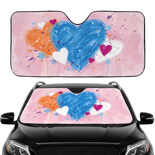 Scribbled Blue Heart Expressive Orange White Hearts Watercolor Paint Splatters - Road Trip Travel Accessory Car Sunshade