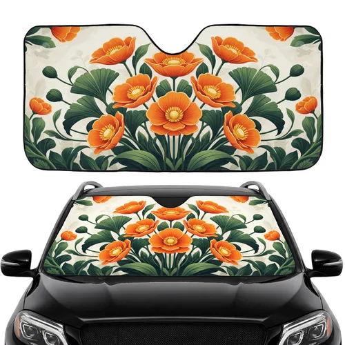 Orange Poppy Four-Petal Flowers Green Fan Leaves Botanical Outlines - Car Interior Upgrade Car Sunshade