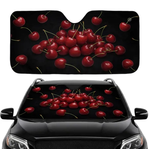 Red Cherry Cluster Black Background - Car Interior Upgrade Car Sunshade