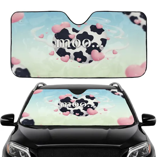 Moo Text Cow Print Pink Hearts Clouds Sky - Car Interior Upgrade Car Sunshade
