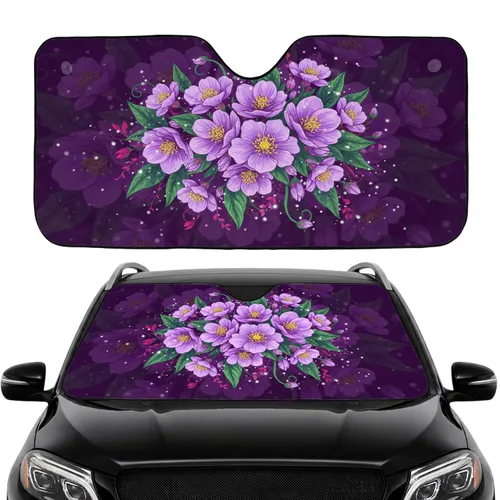 Lush Purple Flowers Yellow Centers Green Leaves - Car Interior Upgrade Flower Lover Gift Car Sunshade