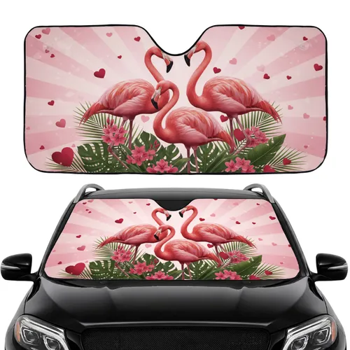 Elegant Pink Flamingos Tropical Green Foliage Hearts - Road Trip Essentials Car Sunshade