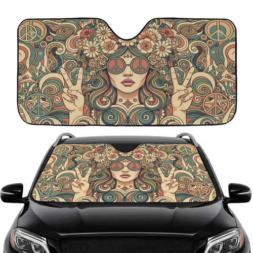 Psychedelic 60s Peace Symbol Floral Art Deco Portrait Car Interior Upgrade Car Sunshade