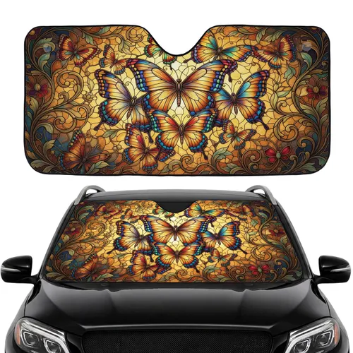 Stained Glass Butterflies Floral Vines Mosaic - Road Trip Commute Accessory Car Sunshade