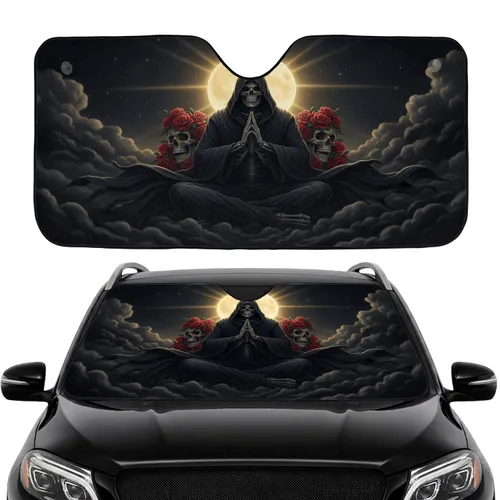 Meditating Grim Reaper Skulls Roses Mystical Full Moon - Car Interior Upgrade Car Sunshade
