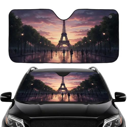 Majestic Eiffel Tower Parisian Sunset Street Scene with Reflections - Travel Essentials Car Sunshade