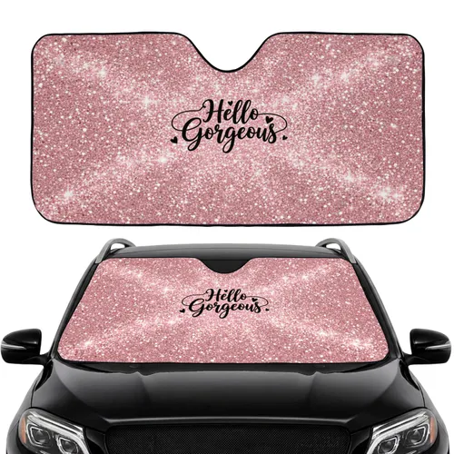 Hello Gorgeous Script Hearts Pink Glitter - Car Interior Upgrade Car Sunshade