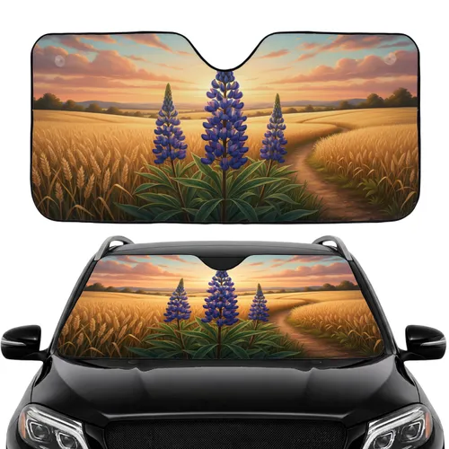 Blue Lupine Golden Wheat Field Sunset Landscape - Car Interior Upgrade Car Sunshade