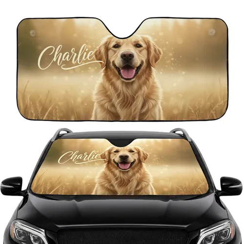 Joyful Golden Retriever Custom Name Dog Golden Hour - Road Trip Gift for Dog Owners Car Sunshade